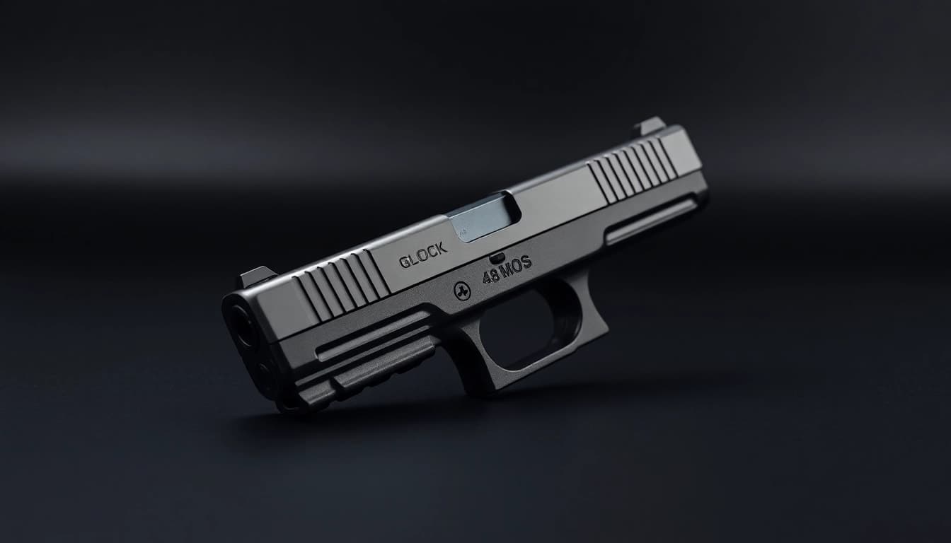 Display of the Glock 48 MOS slide emphasizing design features and craftsmanship.
