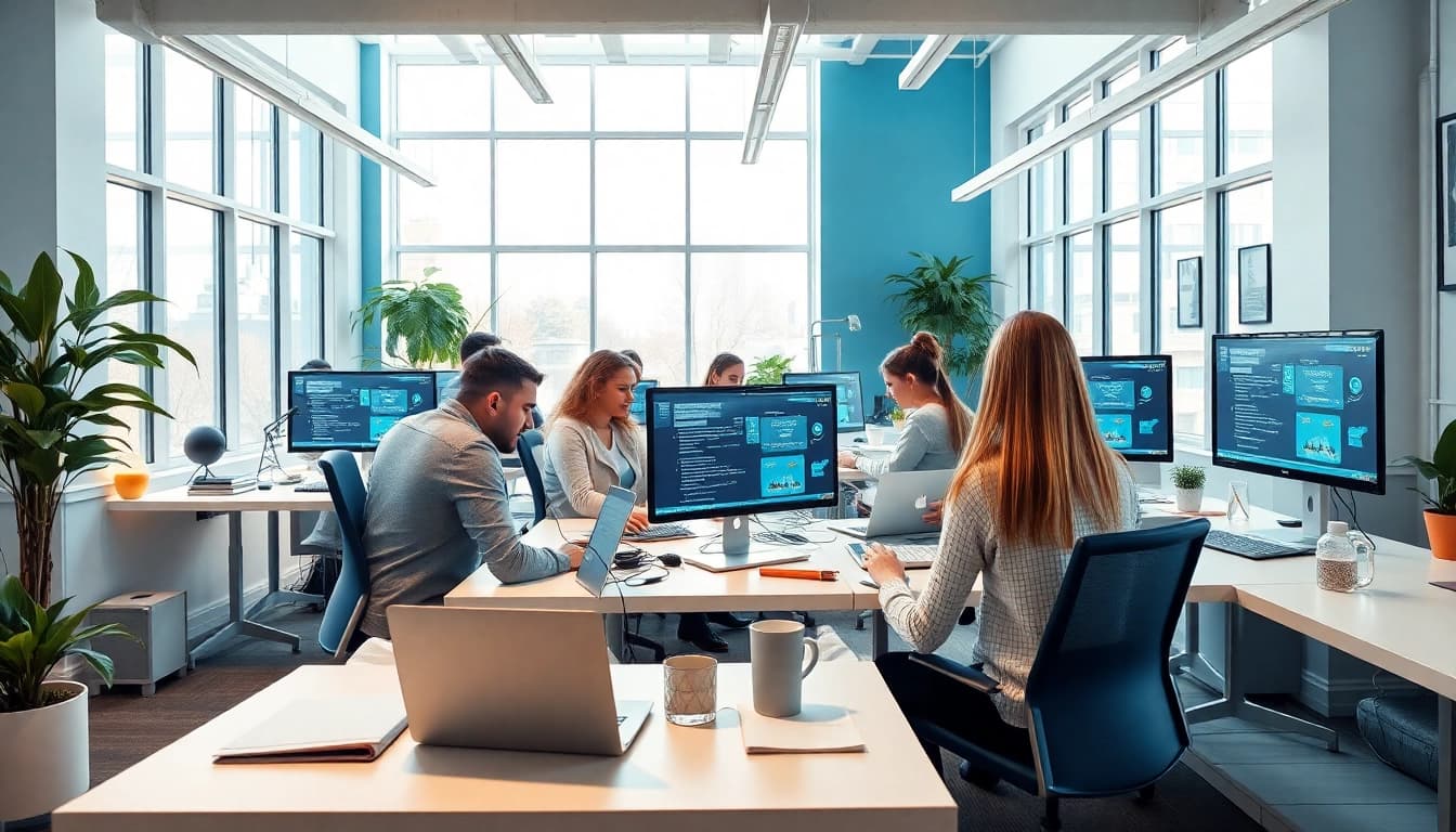 Engaging team in edmonton web design collaboration in a bright office environment.