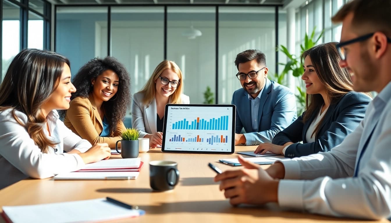 Compare business SIM only deals UK in a vibrant office setting with professionals discussing options.