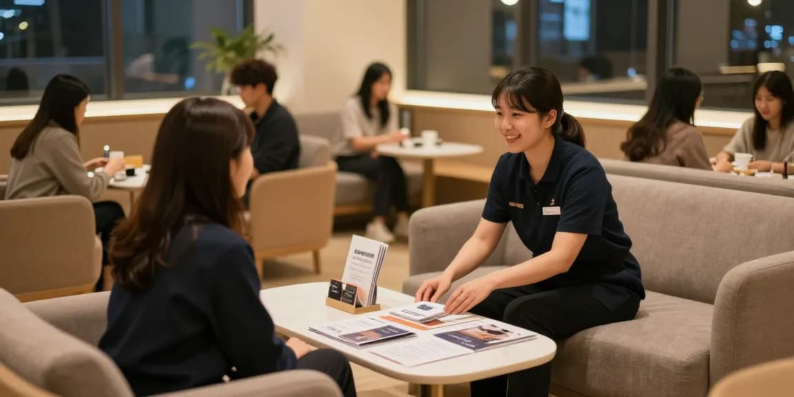 Welcoming OP service staff guiding a customer in a cozy lounge area, emphasizing 오피 services.