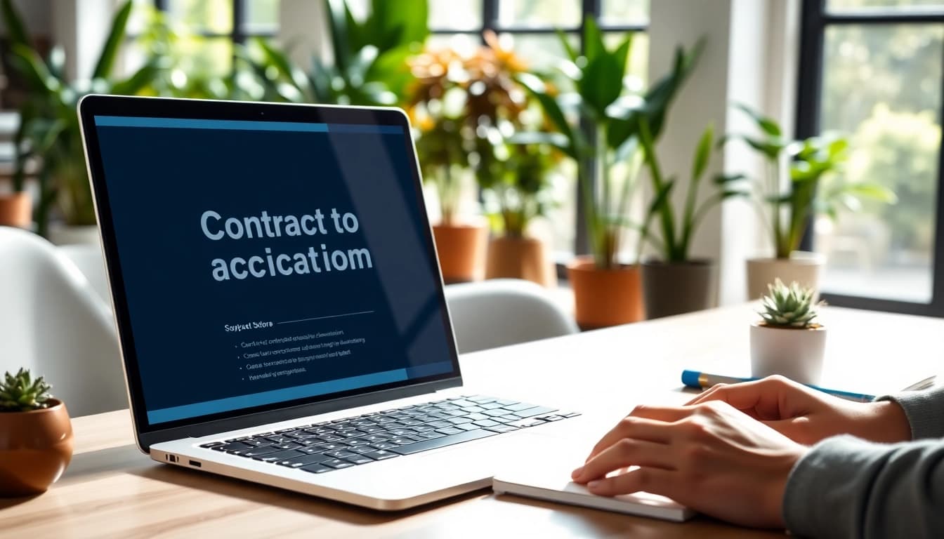Showcasing contract administration documentation software on a sleek laptop in a bright office.