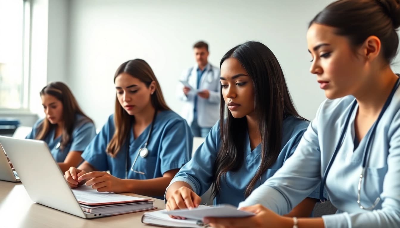 Students studying at the Houston Trusted NCLEX review center during an interactive review session.
