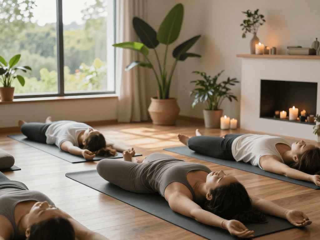 Individual practicing mantra88 yoga with candles and natural light in a serene home.