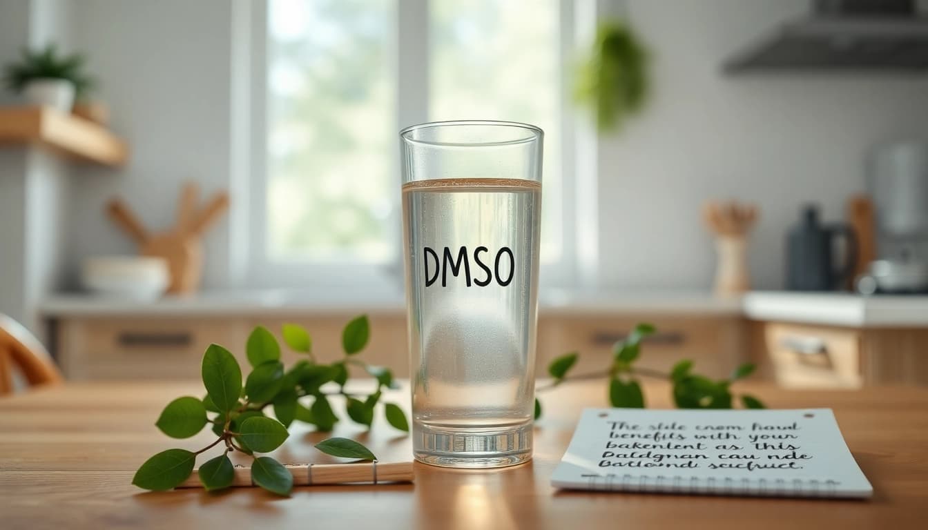 Benefits of drinking dmso showcased in a calming kitchen setting with fresh greenery.