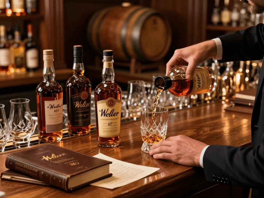 Pouring Weller Antique 107 bourbon into a glass in an elegant bar setting, highlighting its premium quality.