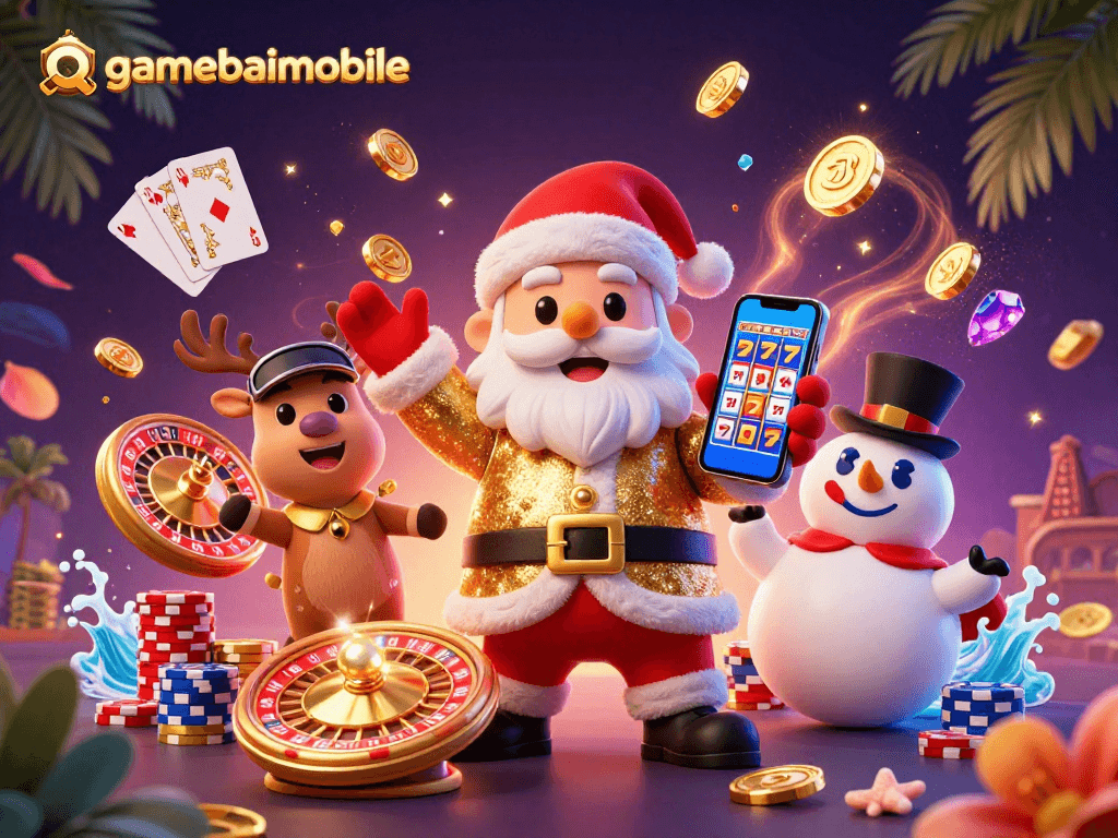 Experience winning with gamebaimobile featuring Santa and friends in a vibrant casino scene.