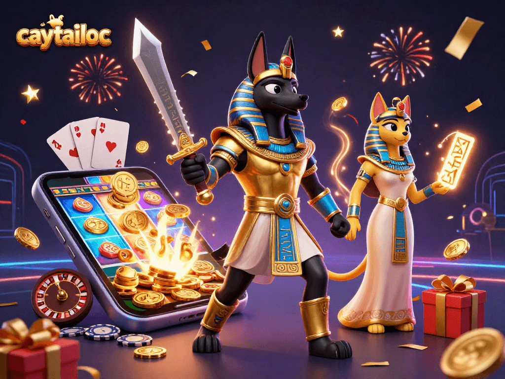 Experience the excitement of caytailoc slots with Anubis, Bastet, and vibrant game elements.