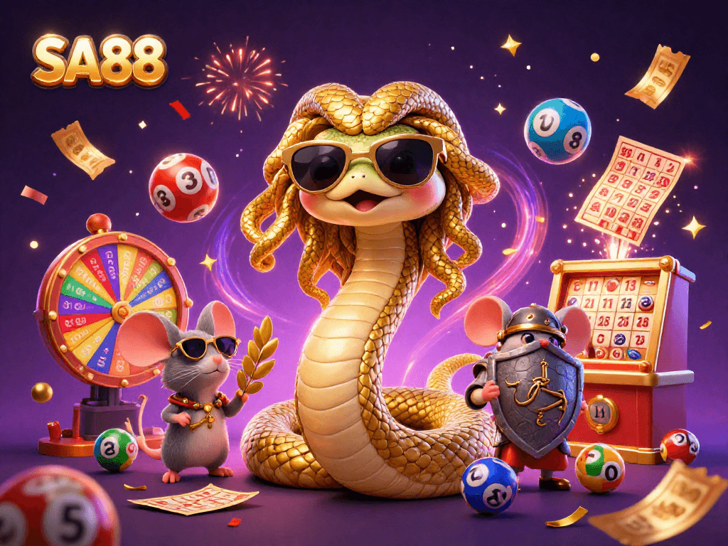 Experience exciting games at SA88 with Medusa, a warrior mouse, and lottery elements in a vibrant 3D scene.
