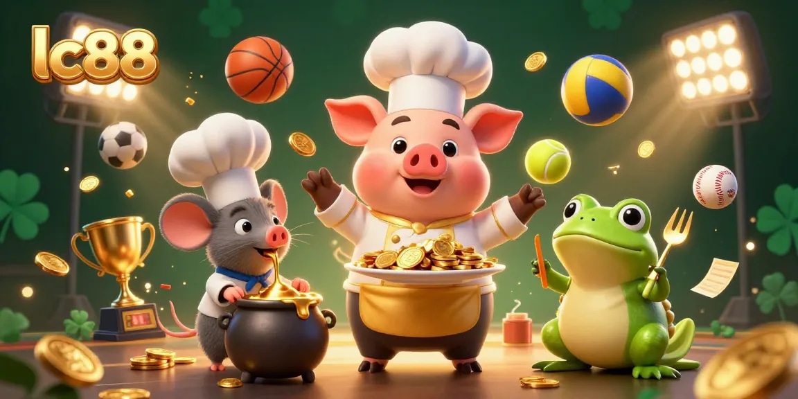 Experience the excitement of lc88 with a themed 3D scene featuring a pig chef and sports elements.