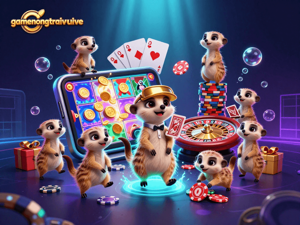 Engage in the exciting world of gamenongtraivuive with a lively 3D illustration of meerkats running a casino.