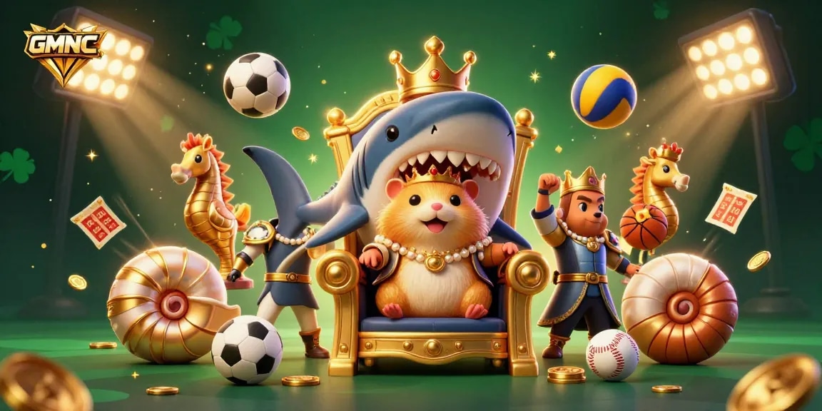 Experience the thrill of GMNC with a dynamic scene featuring a golden hamster king, seahorse guards, and floating sports elements.