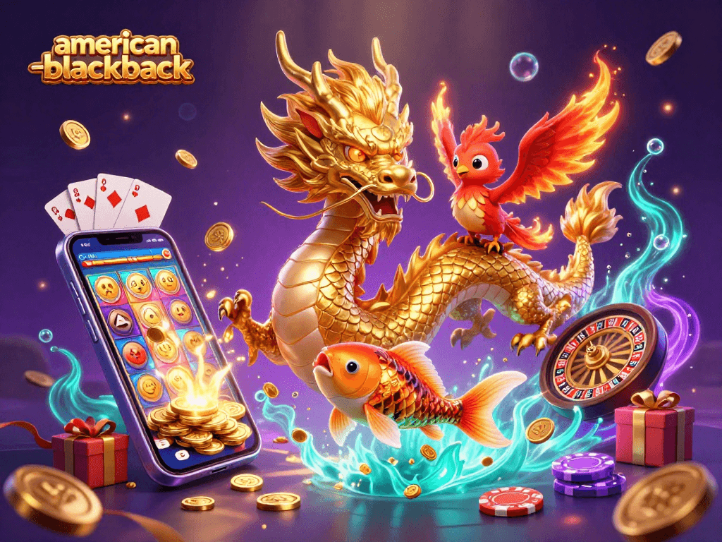 Engage with exciting american-blackjack gameplay while witnessing a golden dragon and phoenix in a detailed casino illustration.
