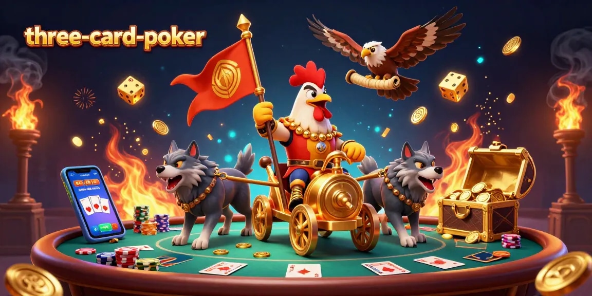 Engage in three-card-poker action with dynamic 3D characters and vibrant casino elements.