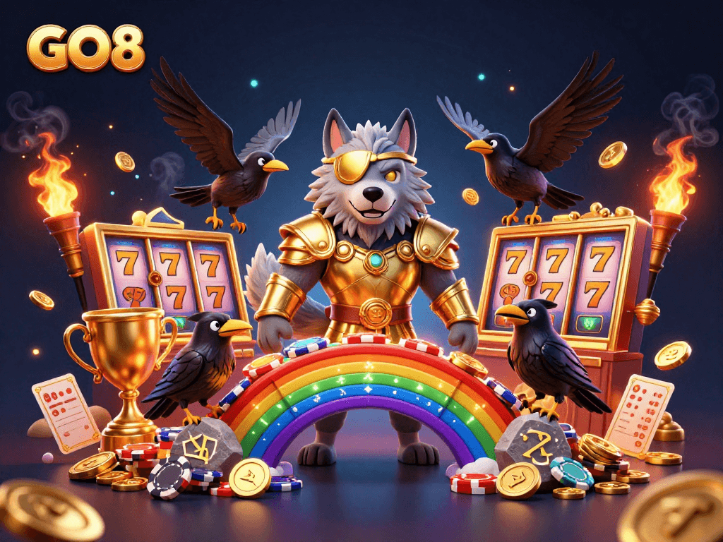 GO8 features a vibrant scene with a 3D cartoon Norse-style wolf and gaming elements, enhancing entertainment.
