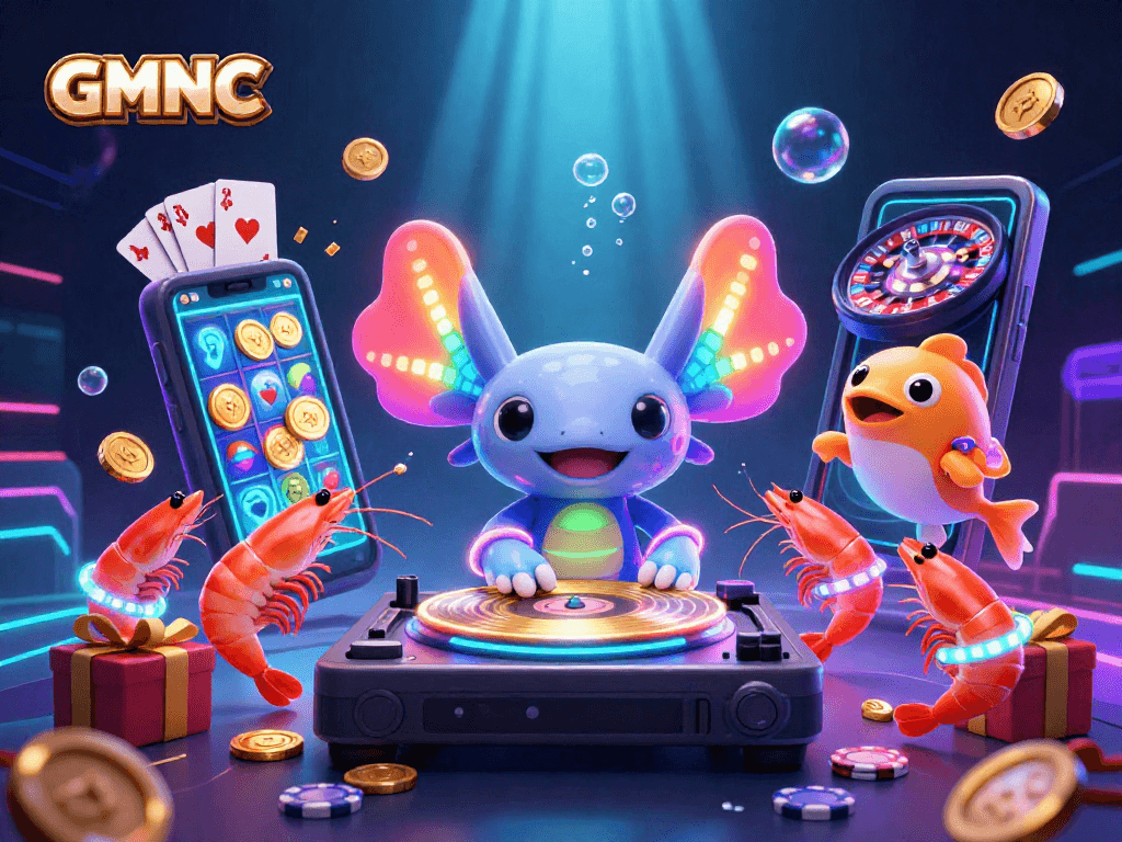 Experience GMNC's vibrant underwater casino scene with a neon axolotl DJ spinning gaming excitement.