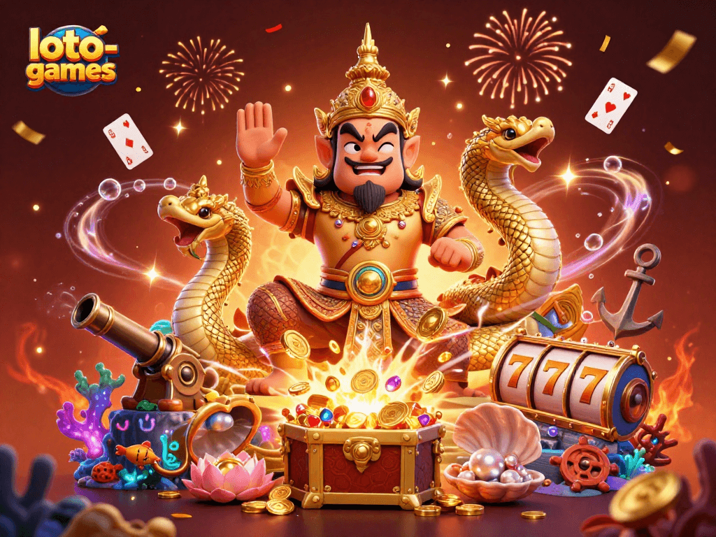 Engage with loto-games featuring colorful slot reels and dynamic 3D guardian characters amidst vibrant festive elements.