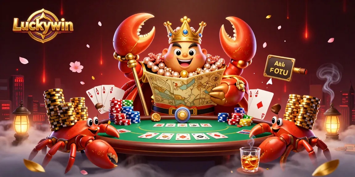 Experience Luckywin's vibrant poker scene featuring a golden crab emperor amidst colorful chip towers.