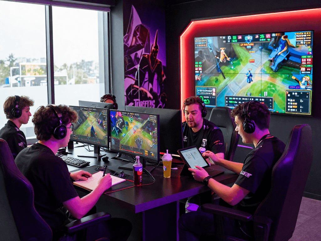 Engaged esports fans analyzing live statistics for 롤 리그 경기 배팅 in a vibrant gaming lounge.