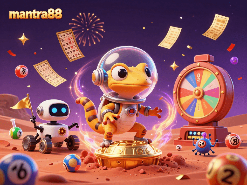 Join mantra88's Martian gecko on an exciting casino adventure discovering treasures in a vibrant space scene.