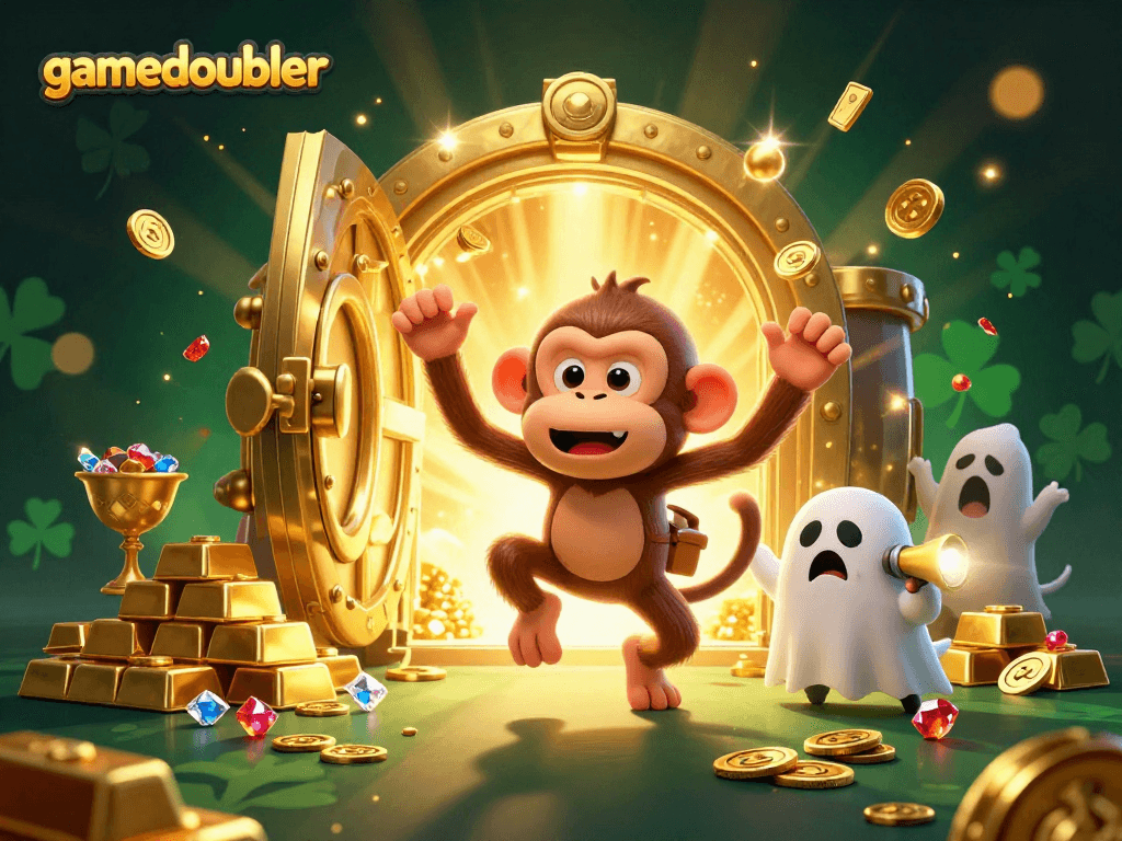 Experience the excitement of gamedoubler with a playful poltergeist monkey and a curious puppy in a vibrant casino scene.
