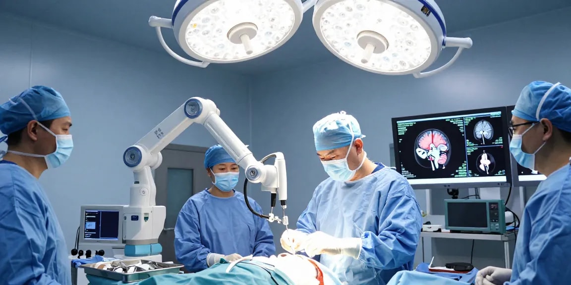 Beyin ameliyatı conducted with advanced technology in a modern operating room showcasing neurosurgery precision.