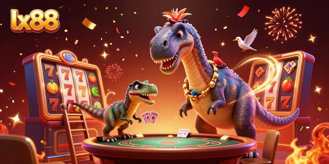 Experience the thrill of lx88 with lively 3D characters engaging in casino games amid festive elements.