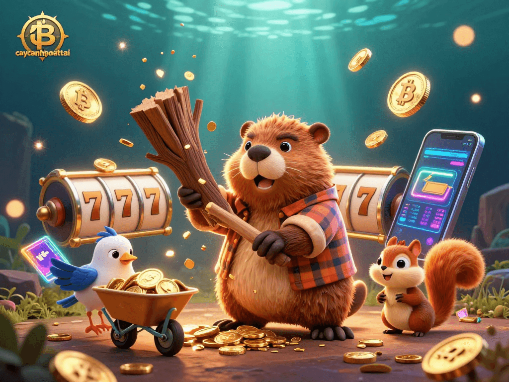 Win big with caycanhphattai as a beaver jackpots coins from a tree in a vibrant casino scene.