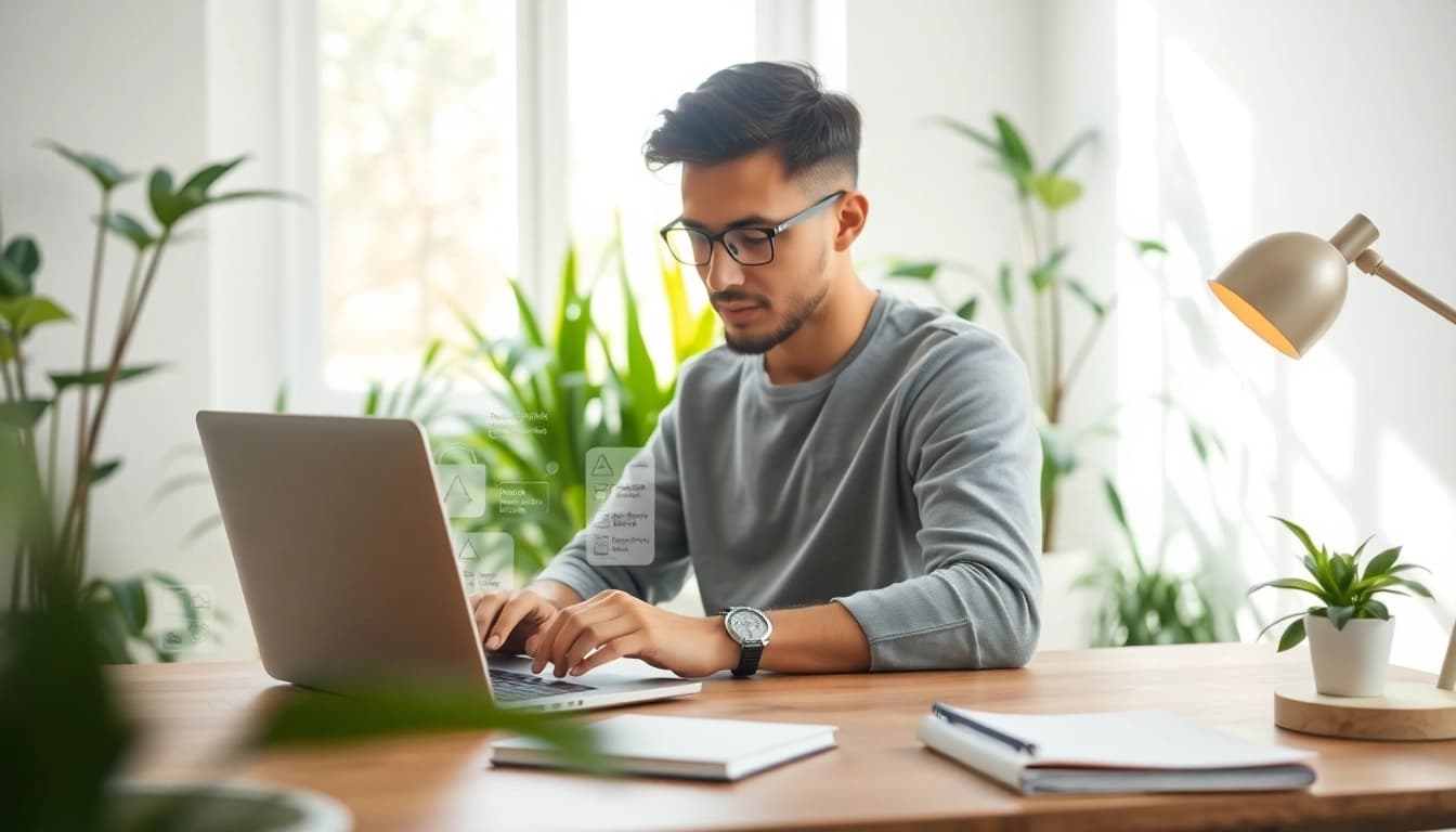 Organize Your Life With AI in a bright workspace with a user utilizing an AI assistant for task management.