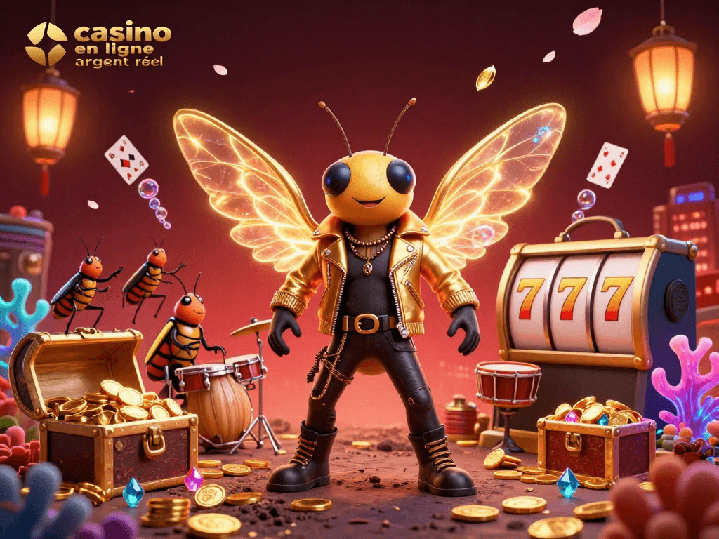 Jouez à casino en ligne argent réel avec des machines à sous et un insecte rock star dans une scène dynamique.