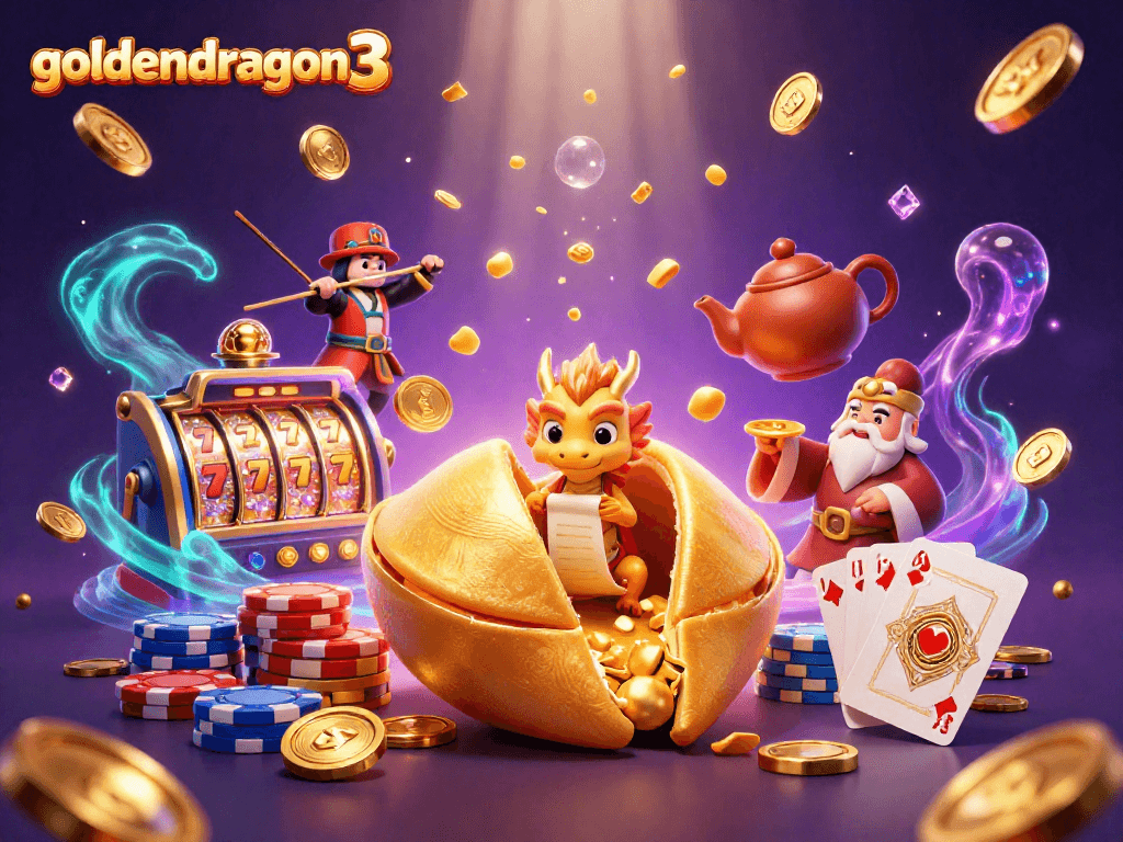 Experience the thrill of goldendragon3 with a wise dragon and golden fortune surrounded by vibrant gaming elements.