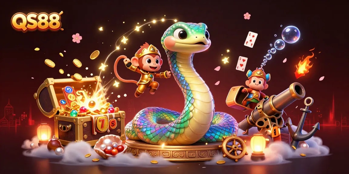 Experience the thrilling world of QS88 with a vibrant 3D illustration of gaming excitement and colorful treasures.