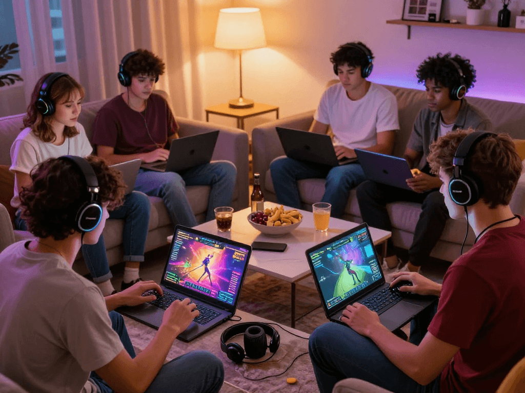 Players enjoying sex games in a cozy living room filled with colorful graphics.