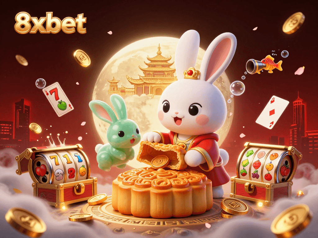 Experience thrilling gameplay at 8xbet with dynamic gambling scenes featuring a moon rabbit and slot machines.