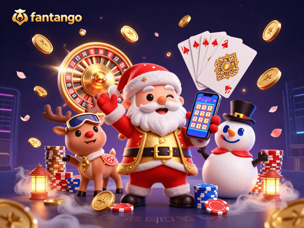 Spin and win with fantango in a vibrant casino-themed 3D scene featuring Santa and friends.