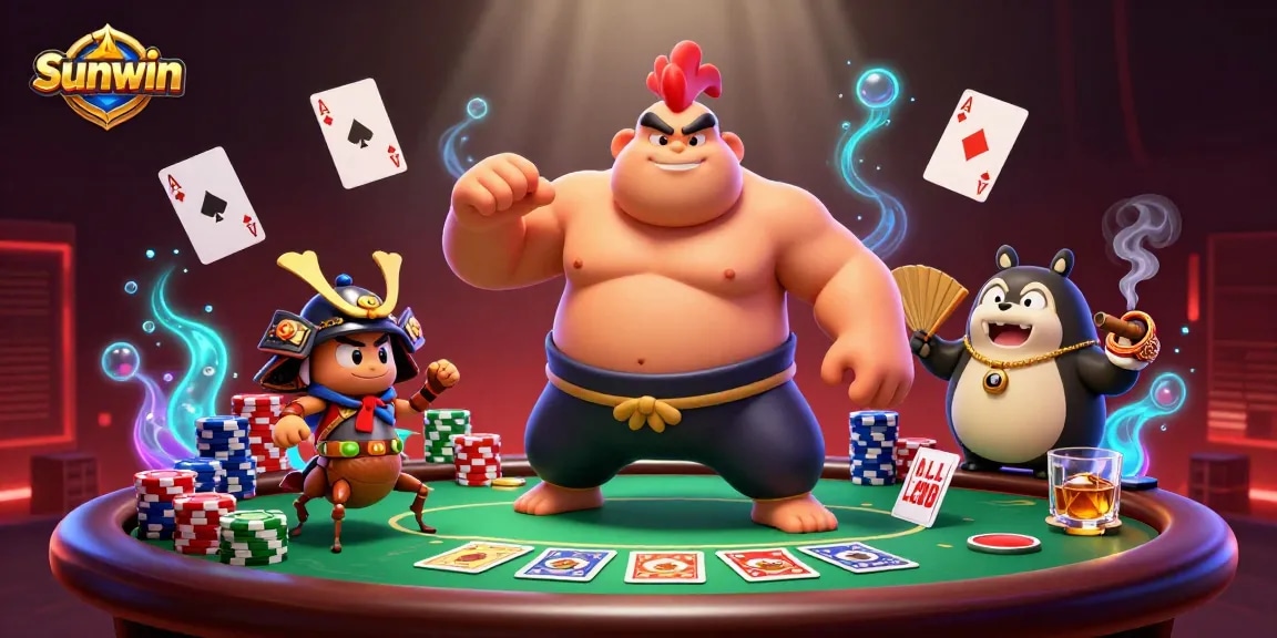 Sunwin gaming scene featuring a powerful cartoon sumo wrestler rooster and a fierce cricket engaging in poker action.