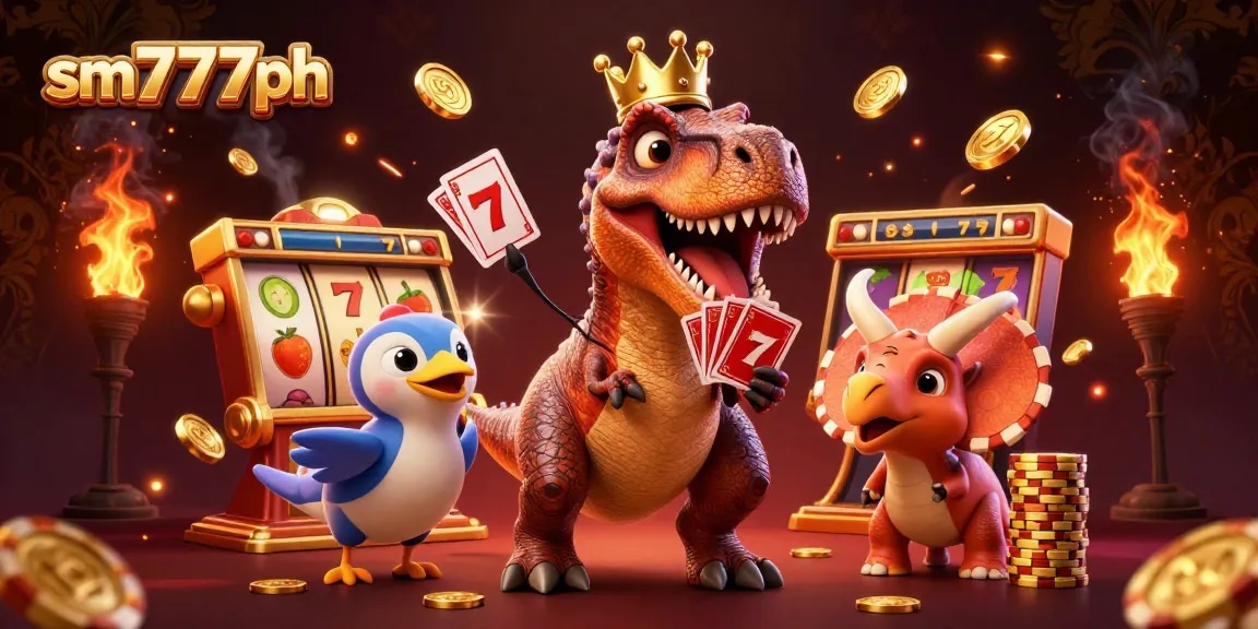 See sm777ph's exciting 3D casino scene with a T-Rex shuffling cards amidst golden slot features.