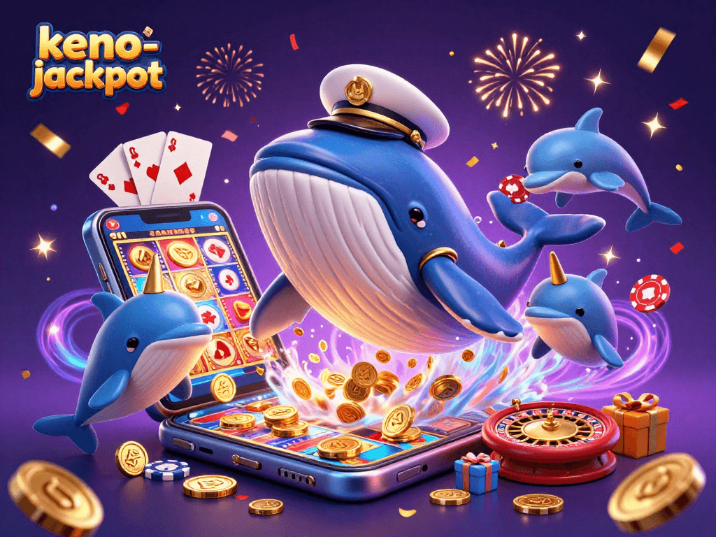 Experience the thrill of keno-jackpot with a vibrant cartoon whale and playful dolphins in a sea of coins.