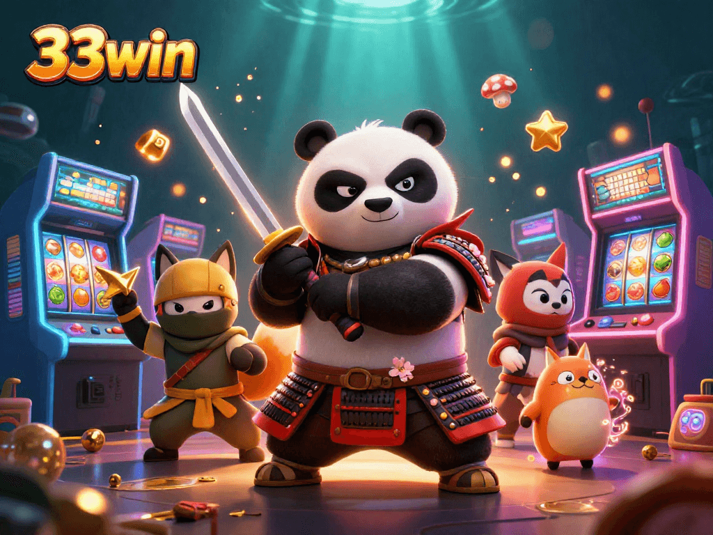 Experience the thrill of 33 win with a cartoon samurai panda and ninja fox in a vibrant casino scene.