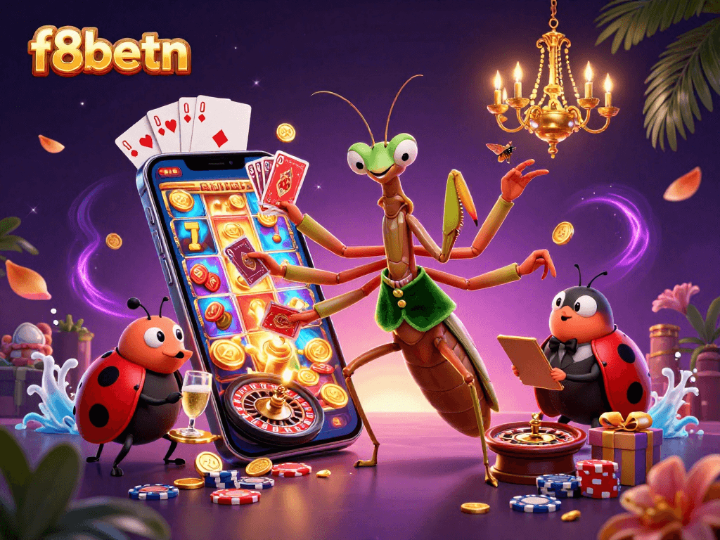 Engage with f8betn's vibrant casino experience featuring a giant mantis card sharp and ladybug pit boss.