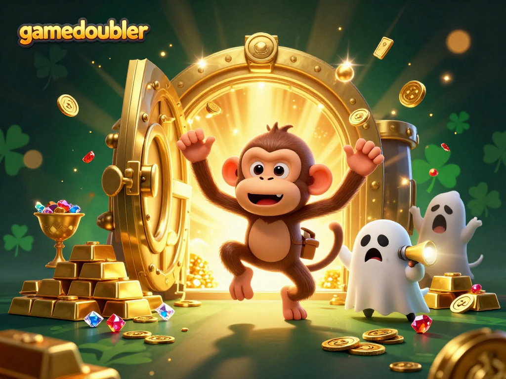 Experience the excitement of gamedoubler with a playful poltergeist monkey and a curious puppy in a vibrant casino scene.