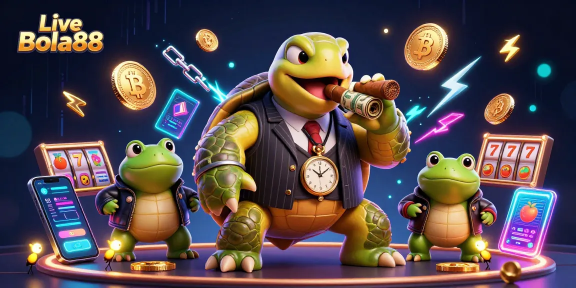 Experience Live Bola88 with an exciting, vibrant casino scene depicting a snapping turtle and bullfrogs.