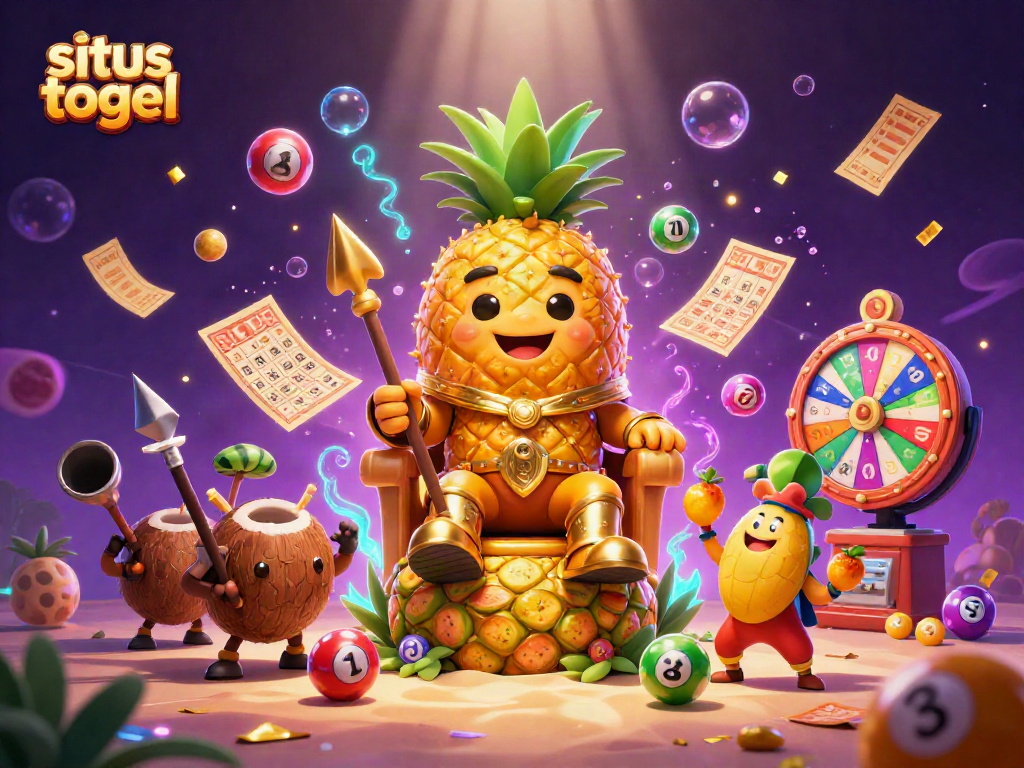 Situs togel menampilkan raja nanas emas di kasino pantai dengan karakter promosi yang menarik.