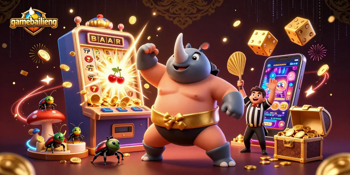 Experience thrilling gameplay with gamebailieng; see a champion beetle among coins and casino elements.