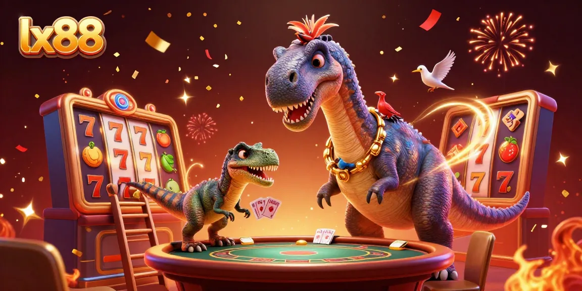 Experience the thrill of lx88 with lively 3D characters engaging in casino games amid festive elements.