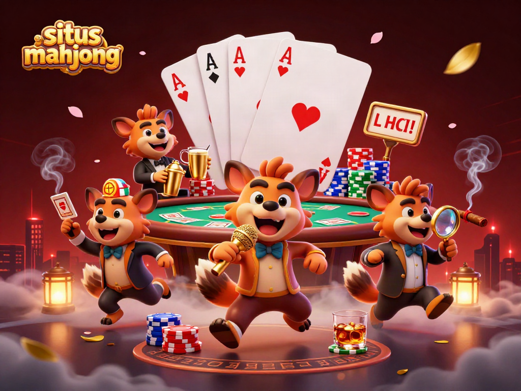 Engage in situs mahjong with lively hyenas hosting a casino, showcasing poker games and vibrant atmosphere.