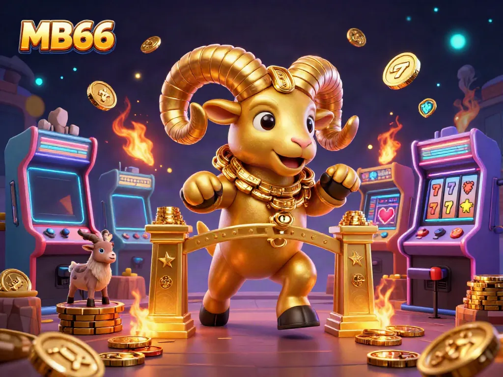 Experience thrilling gameplay with MB66's vibrant casino atmosphere filled with golden elements and arcade game machines.