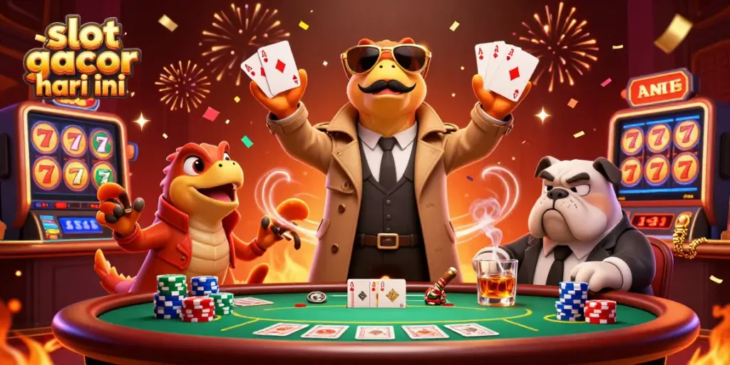 Gambar slot gacor hari ini memperlihatkan tiga raptor dalam jas mencoba memasuki lounge VIP kasino.