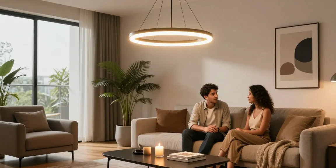 Lustra LED elegantă în living modern, atmosferă caldă, pereți cu artă contemporană.