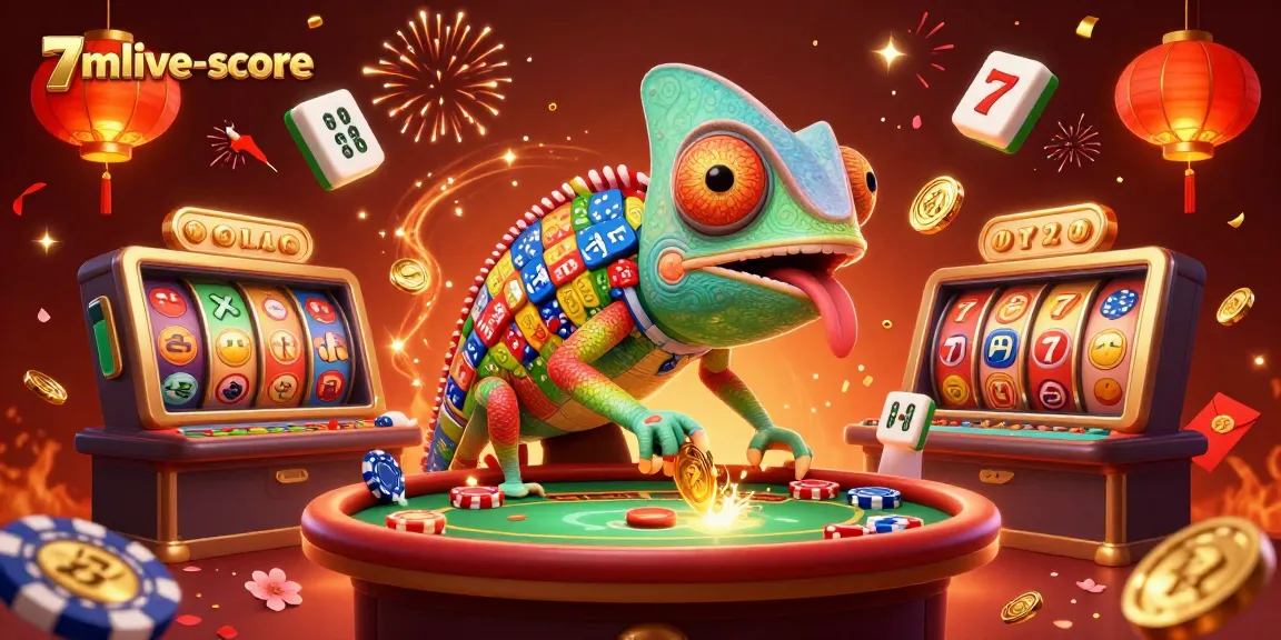 Bet on lively success with 7mlive-score as the animated chameleon catches coins in a vibrant casino!