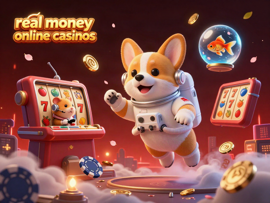 Experience real money online casinos in a vibrant 3D floating casino scene with characters and elements.